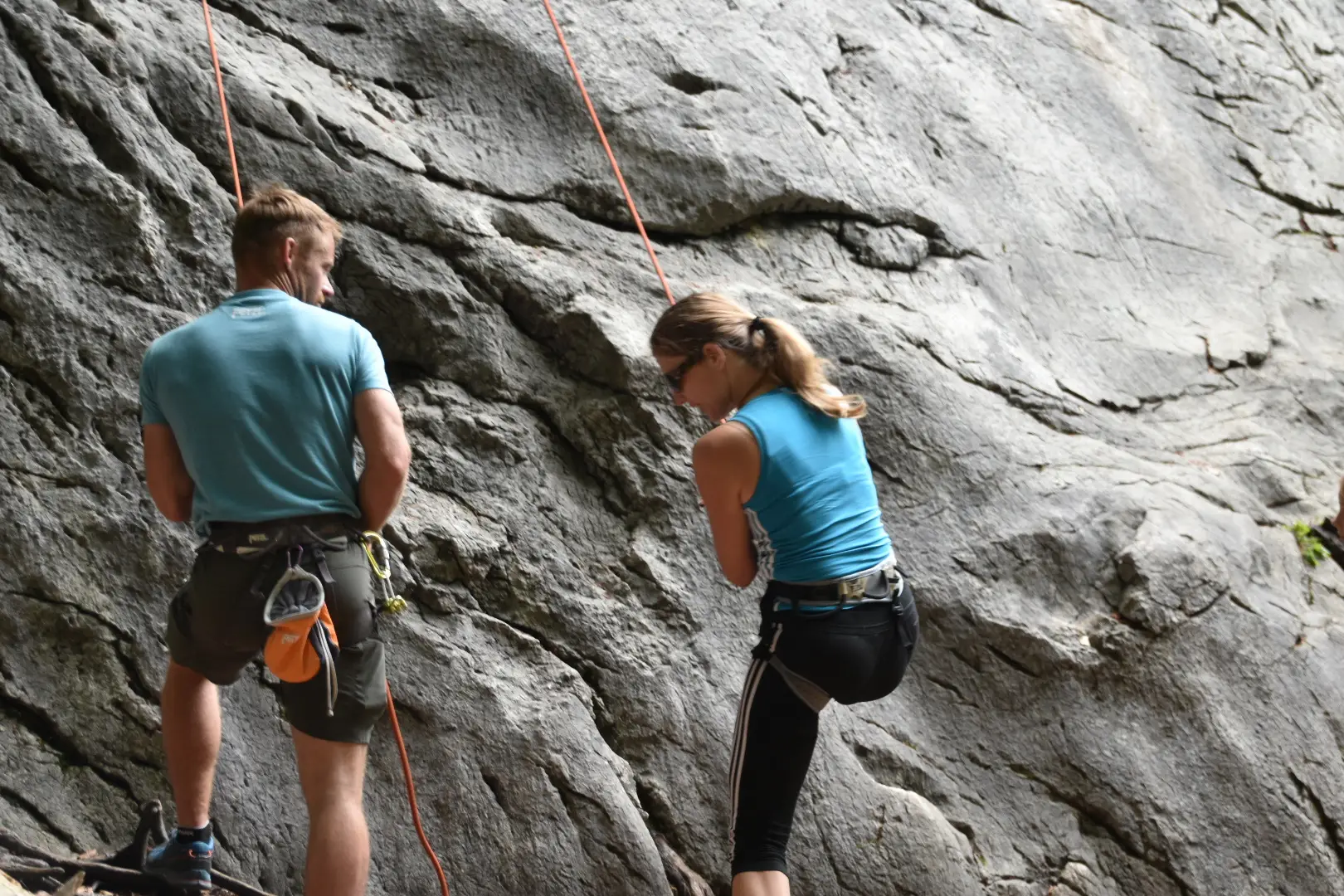 Fritz Badegruber rock climbing with a course participant